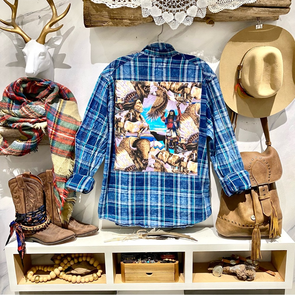 Upcycled Native wildlife back detailing plaid boho shirt w western country vibe